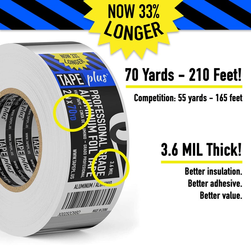 TapePlus Aluminum Foil Tape - HVAC & Ductwork Sealing with HVAC Tape - Metal Ductwork Insulation & Moisture Protection - Heat-Resistant Performance to 250Â°F - 2 in x 70 yd, Pack of 1, Silver - Image 2